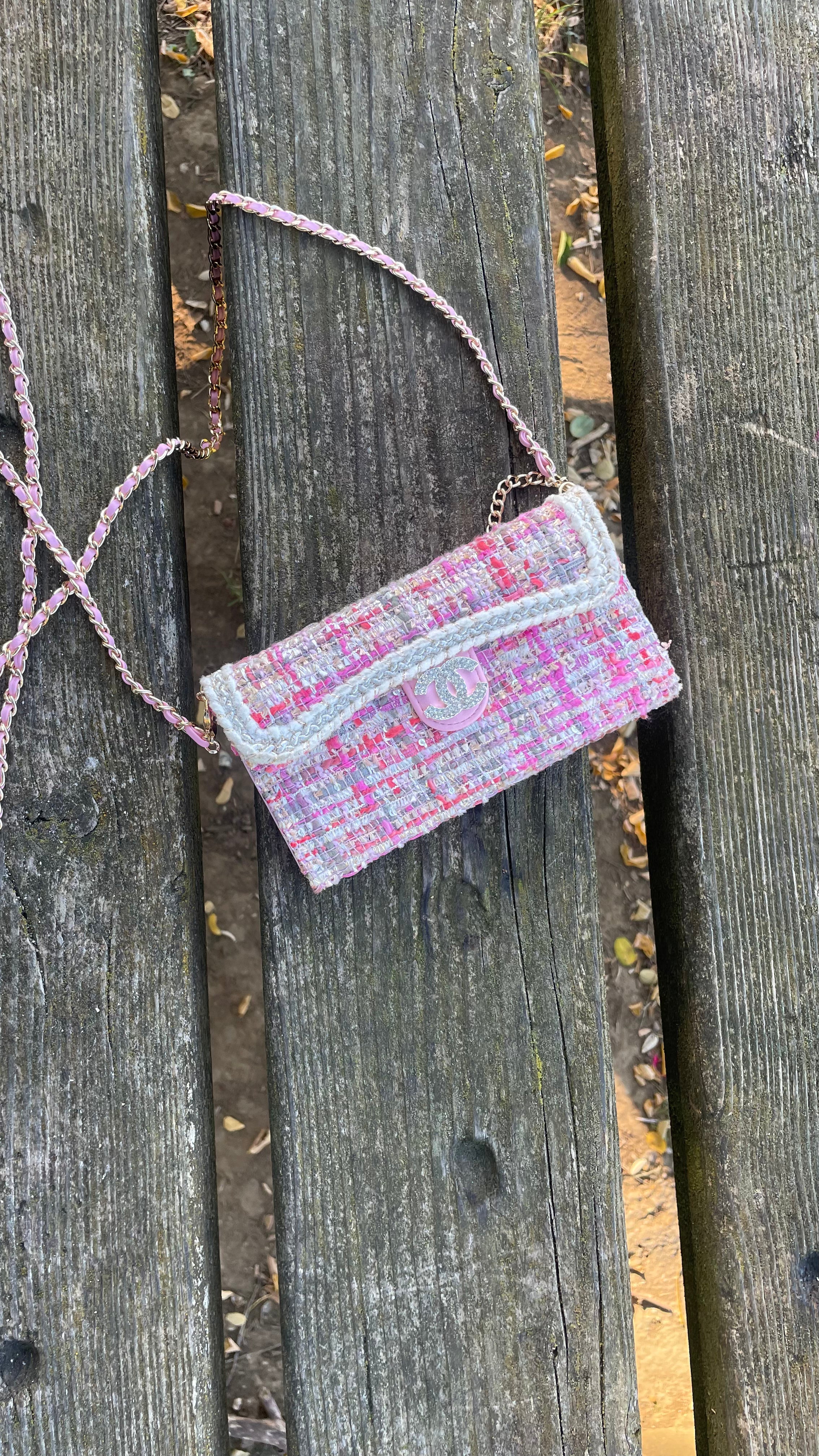 Coque de téléphone CC Blanche & Rose en Tweed